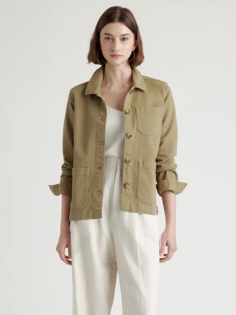 Quince Women's Orangic Cotton Stretch Chore Jacket Olive Green Button Down